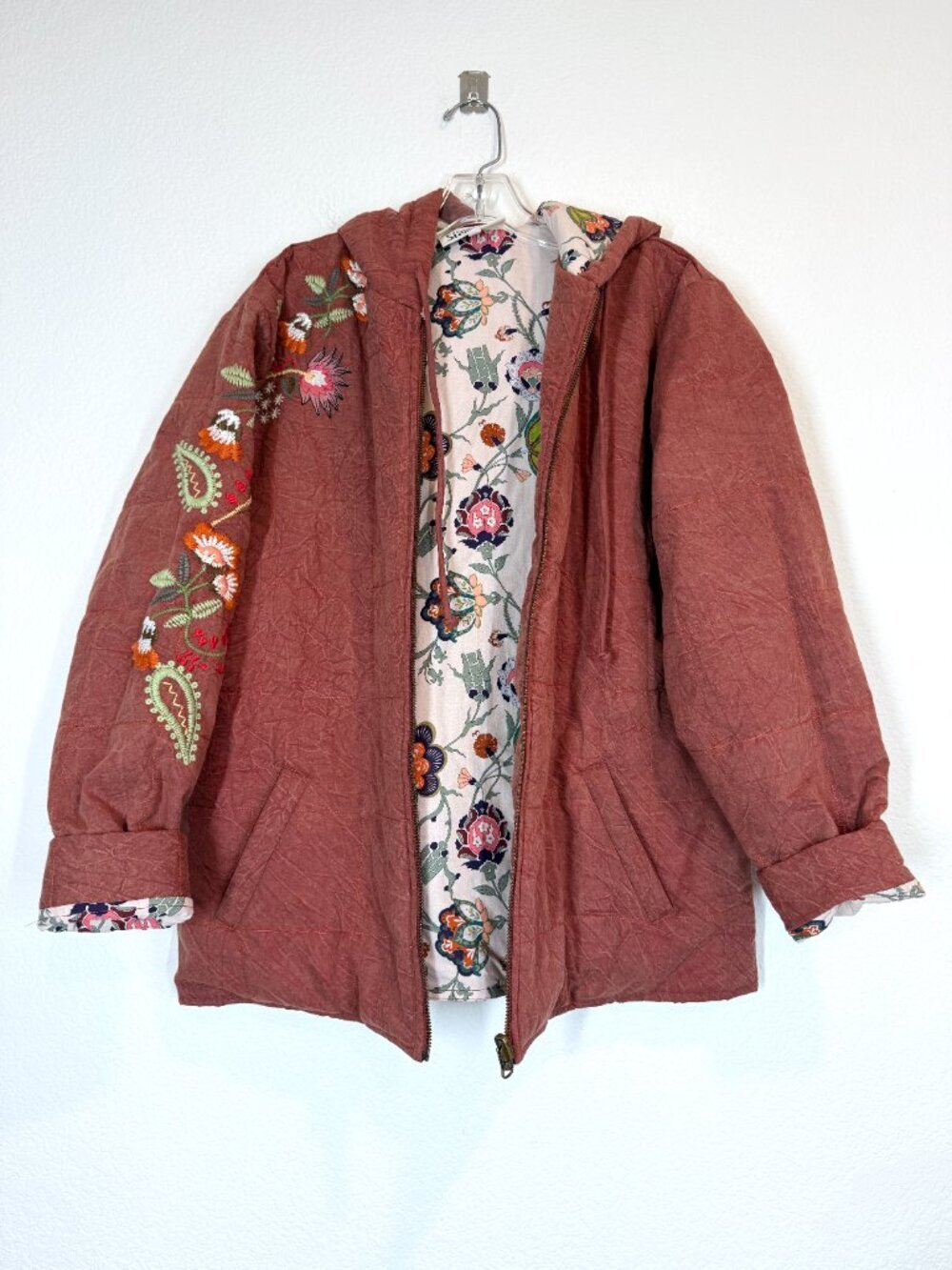 Boho Quilted Embroidered Floral Hoodie Jacket Coat Rust Indie Hippie Large - Picture 2 of 12